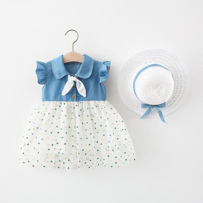 China Breathable 3176 baby clothes new summer design denim ruffle lace wave point dress hat 2 pcs girls dresses kids for sale