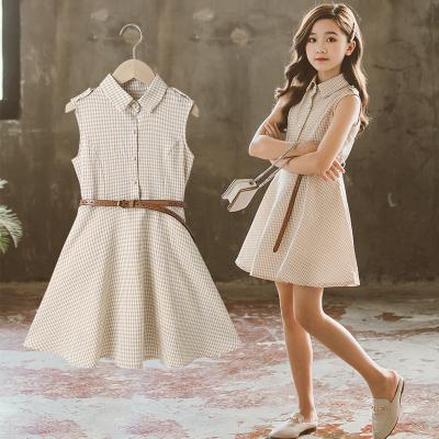 China Breathable F006 2022 Summer New Arrivals Korean Children Wear Sleeveless Dress Turn Down Collar Little Girl Party Casual Dress With Belt for sale