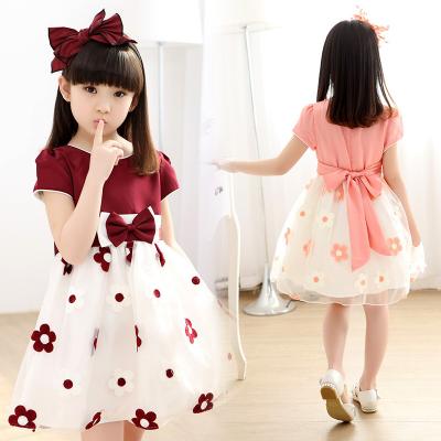 China Hot Sale Summer Leisure Polyester Breathable Girls Dress To Print Sunflower Casual Sheer Color Bowknot Girl Korean Girl Dresses for sale