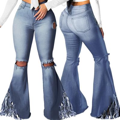 China Hot Sale 23831 Solid Color Jeans Women Casual Denim Fabric Breathable Washed High Waist Womens Ripped Flare Jeans Pants for sale