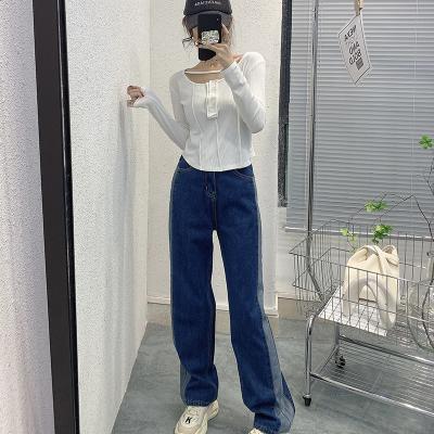 China Wholesale Women's Loose Jeans Breathable Fashion High Waist Two Color Patchwork Straight Jeans for sale