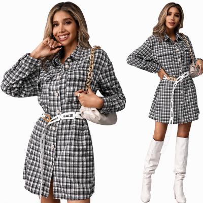 China Factory wholesale anti-pilling drop plaid pearl button sheath long loose shirt dresses woman tops 2022 fashionable for sale