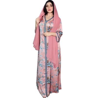 China Wholesale Islamic Clothing Fashion Satin Hijab Print Muslim Dress Plus Size Silk Abayas For Women AB156 for sale