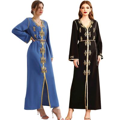 China Gold Side Skirt BA607 V-Neck Clothing Long Abaya Dress Arab Islamic Ethnic Muslim Modest Dresses Long Dress for sale