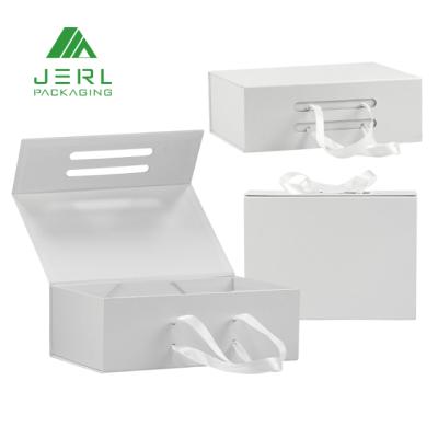 China Handmade Hift Fold White Flat Box With Ribbon Handles for sale