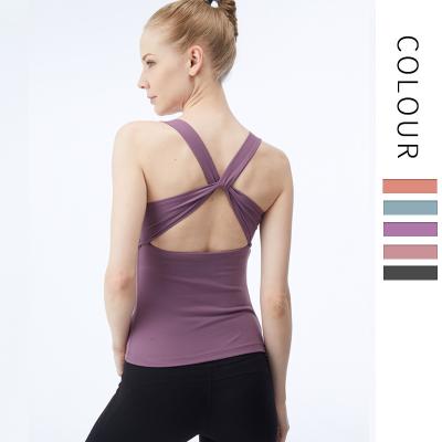 China 2021 Women Breathable Long Yoga Vest With Chest Pads Gather Back Top Fashion Cross Sports Fitness RTS Beautiful for sale