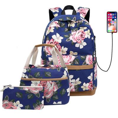 China With USB RUNNING Flower 3pcs/set Canvas School Backpack Kids Floral Schoolbag Set School Bags For Teenage Insulated Girls Lunch Bagpack for sale