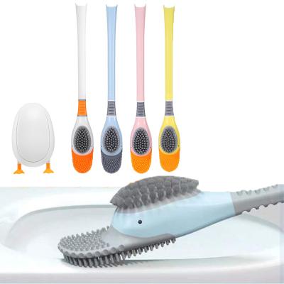 China Duck Shape Silicone Toilet Brush Workable Doubleside Set Stiffens For Bathroom Corner Punchless Wall Mounted Cleaning Tools for sale