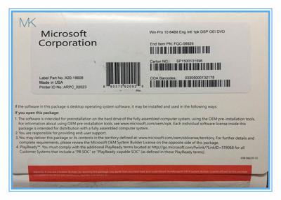 China Microsoft Windows-Software Microsoft Windows 10 Prooem Systeembouwer met 64 bits DVD Te koop