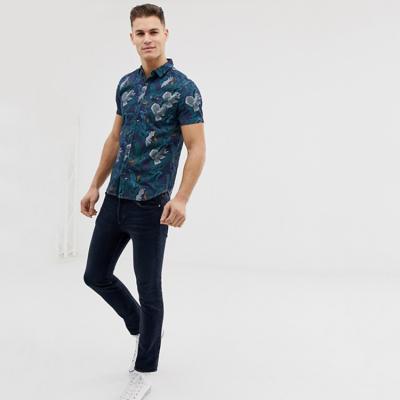 China Hot Sale Anti-Pilling Tropical Print Short Sleeve Slim Fit Mens Shirt In Indigo for sale