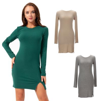 China Long Sleeve Pencil Dress 2021 Women Spandex Rib Fitted Slit Knitting Casual Bodycon Crew Neck Sleeve Anti-Static for sale