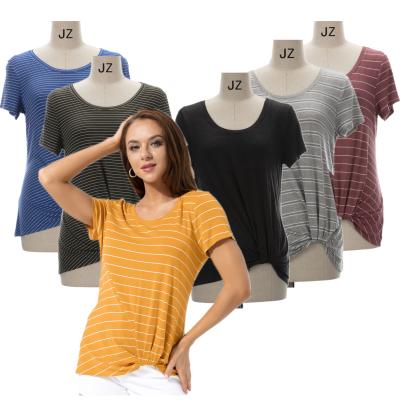 China Anti-Wrinkle Ladies Summer Custom Made Casual Short Sleeve Twist Neck Round Front Fitted Polyester Knit T-Shirts for sale