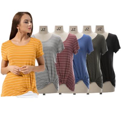 China Anti-Wrinkle Women Summer Casual Crew Neck Twist Sleeve Front Striped Knit Top Short T-Shirt for sale