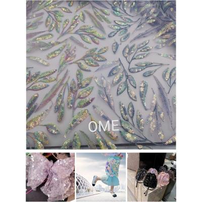 China OME Leaves Sequins Embroidery Breathable High Quality Colorful 100% Polyester Mesh Fabric For Wedding Party Dress Creative Textile for sale