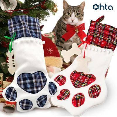 China Christmas HTA Amazon 2021 Biodegradable Most Popular Dog Paw Plaid Sublimation Pet Christmas Stocking For Christmas Decorations for sale