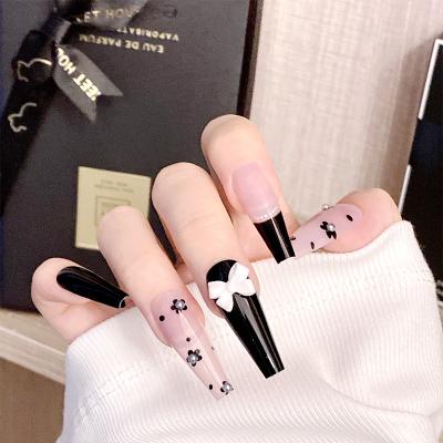 China Wearable Detachable French Nail Finial Bow Diamond Nail Patch Finished Black Ultra Long Ballet Nail Flat for sale