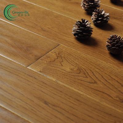 China Indoor honey amber color teak solid wood flooring oak handscraped / brush / smooth hardwood flooring for sale