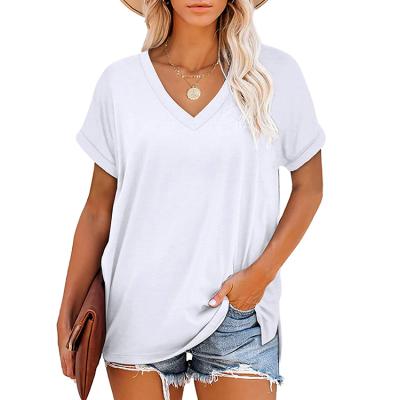 China V-Neck Short Sleeve Customized 100% Cotton Anti-Pilling Side Split Summer Top Women T-Shirt for sale