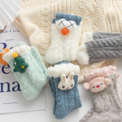 China Wholesale White Thick Cartoon Women's Lovely Winter Slipper Socks QUICK DRY Coral Fleece Girls Warm Cozy for sale