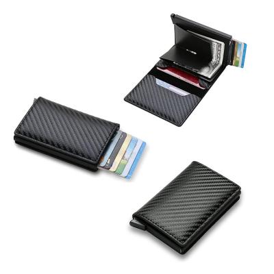 China Fashion Current Hot Men's Carbon Fiber Vintage Carbon Fiber RFID Blocking Noise Blocking PU Leather Card Holder Up Smart Wallet for sale