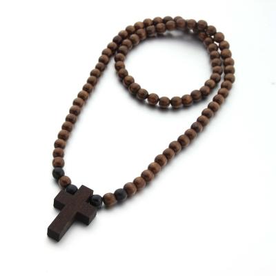 China Hip Hop Hip Hop Wooden Bead Necklace With Cross Pendant for sale