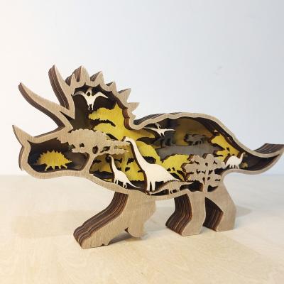 China Wooden Ornament Kids Dinosaur Gift 3D Wood Carved Dinosaur Ornaments for sale