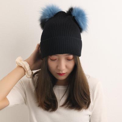 China JOINT Custom Luxury Cashmere Beanie Winter Fashion Logo Real Fox Fur Pom Pom Hats Women Refine Knitted Cashmere Hats for sale