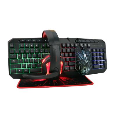 China New Ambidextrous 4 in 1 Gaming Combo RGB Backlit with Wire Back Led Light Desktop Gaming Keyboard and Mouse Headset Combo PC Set with Mouse Pad for sale