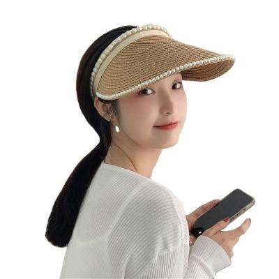 China Breathable Headband Type Straw Shade Sun Hat Bare Chest Sun Hat Character Bead Headband Summer Version Empty Female Korean Beach Large Brim for sale