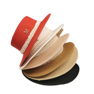 China French Brim Seaside Beach Sunscreen Straw Hat Women Flat Surface Woven Pearl Lace Top Hat Fashion Retro Large for sale