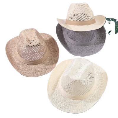 China Beach Wide Straw Hat Western Cowboy Brim Summer Striped Hats With Belt Buckle Jazz Panama Travel Topee Sunbonnet For Men for sale