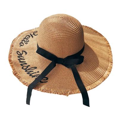 China Lightweight Comfortable Handmade Weave Letter Sun Hats For Women Black Ribbon Lace Up Straw Hat Outdoor Beach Hat Big Brim Summer Handmade Weave for sale