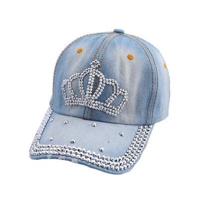 China New JOINT Denim Hip Hop Hats Fashion Leisure Woman Hat With Crown Queen Rhinestones Vintage Cotton Baseball Jean Hat On Sale Men's Hot for sale