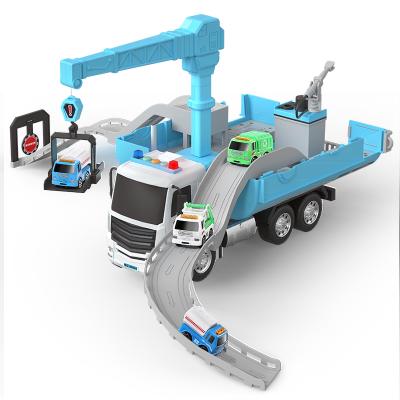 China Eco-friendly Material Kids Turning Lifting Tower Sliding Track Storage Slot Truck Cranes Engineering Sprinkler Car Vehicle Toys Set for sale