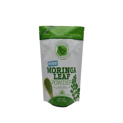 China Popular Moisture Proof Zipper Plastic Bags With Resealable Logos Stand Up Pouch For Pure Moringa Leaf Powder for sale