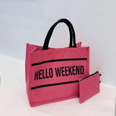 China Other Hello Weekend Woman Canvas Tote Bag Pink Letter Style Fashion Foldable Zipper Handle Bags Shoulder Handbags for sale