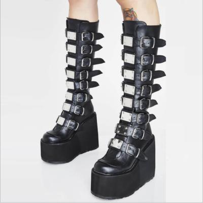 China New recyclable boots 2021 autumn and winter metal buckle with high platform heel 11cm plus size women's boots for sale