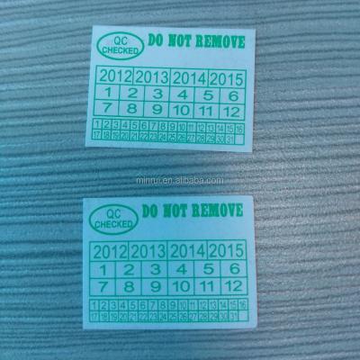 China 24mm x 18mm Anti-Counterfeit Custom QC Checked Tamper Labels Visible Copy, Green Printing Destructible QC Date Stickers For Calibration for sale