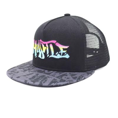 China 2022 JOINT Popular 6 Panels Flat Brim Rainbow Embroidery Trucker Caps 3D Rainbow Embroidery Snapback Mesh Custom Hats for sale