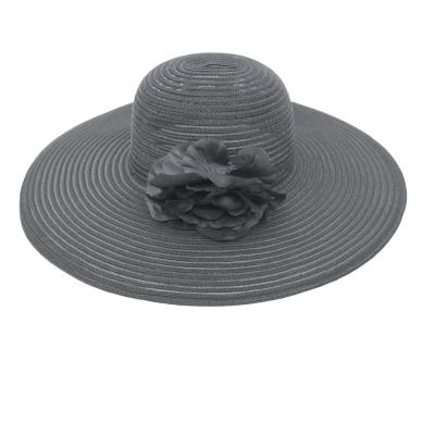 China High Quality Women's Lady's Pure Black PP Wide Brim With Sun Straw Beach Trim Big Flower Super Floppy Hat for sale