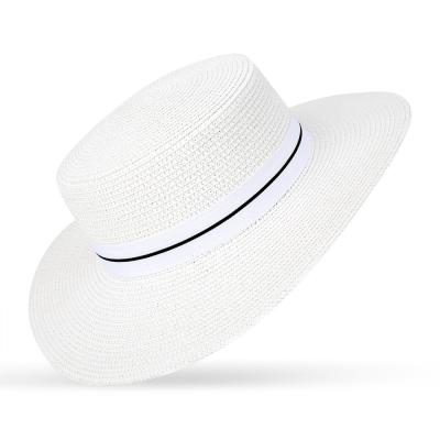 China COMMON Wholesale Custom Logo Women's White Paper Braid Paja Ribbon Sombreros de Paja Straw Hat Straw Hat Flat Top Beach Sun Hat for sale