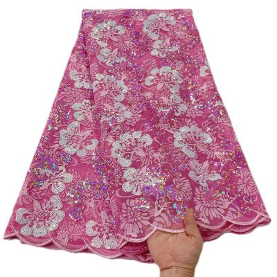 China Eco-Friendly African Lace Fabric With Sequins Elegant Pink French Embroidery Nigerian Flocking Velvet Lace Fabric For Wedding Party Sewing for sale