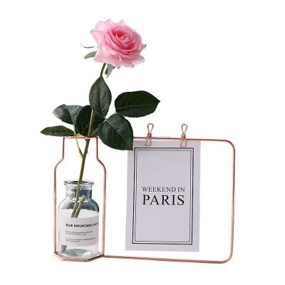 China Modern new design glass vase with dry flowers and green roses iron photo frame decoration vase for sale