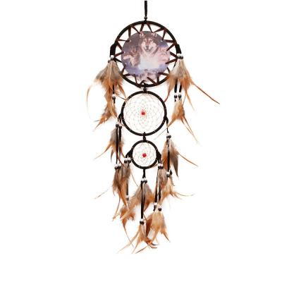 China CLASSIC Hanging Wind Chime of Dreamcatcher Wolf Head Oil Painting Indian Dreamcatcher Decoration Wind Chime for sale