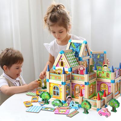 China Safe Kids Educational Diy Assemble Castle 128pcs Colorful Wooden Architecture Building Blocks Master Toys for sale