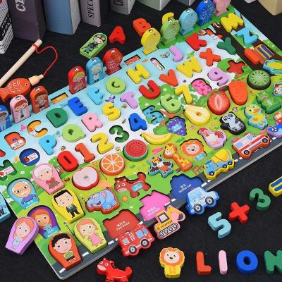 China Safe Wooden Children's 7-in-1 Multifunctional Fruit Fishing Animal Pairing Cognitive Log Board Wooden Toys For Child for sale