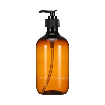 China 450ml 15oz Boston round amber shampoo hand wash shower gel liquid soap packaging products PET lotion pump empty plastic bottles à venda