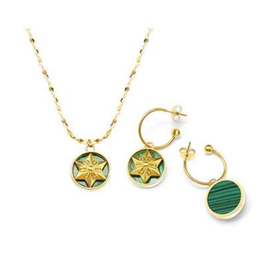 China Custom Vintage Fashion Emerald Green Six-Pointed Star Pendant Necklace and Dangling Earrings 18K Gold Plated Stainless Steel Jewelry Set for sale