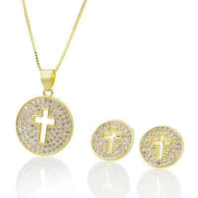 China Delicate Western Religious Geometric Zircon Cross Pendant Vintage Round Necklace Earrings Women Jewelry Sets for sale