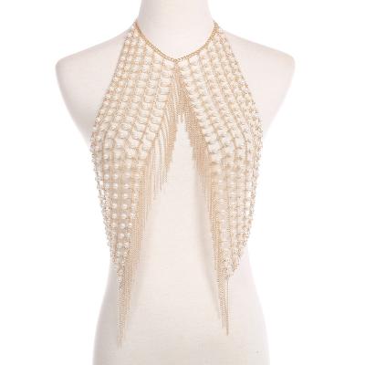 China TRENDY Sexy Luxury Multilayer Pearl Beaded Body Armor Body Chain Chest Harness Tassel Fashion Party Girls Beaded Lingerie Jewelry For Women for sale